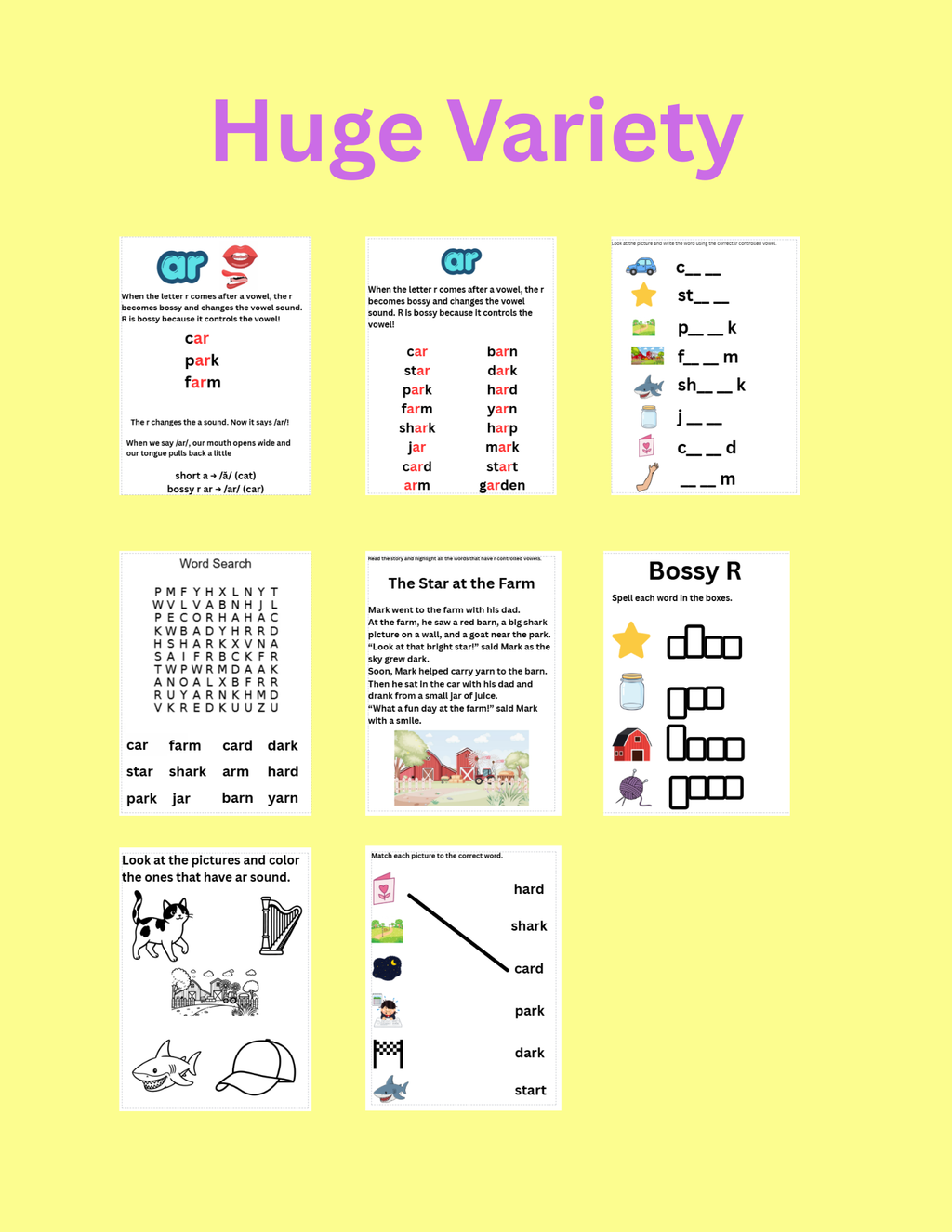 Bossy R Controlled Vowels Bundle AR, ER, IR, OR, UR Phonics Activities