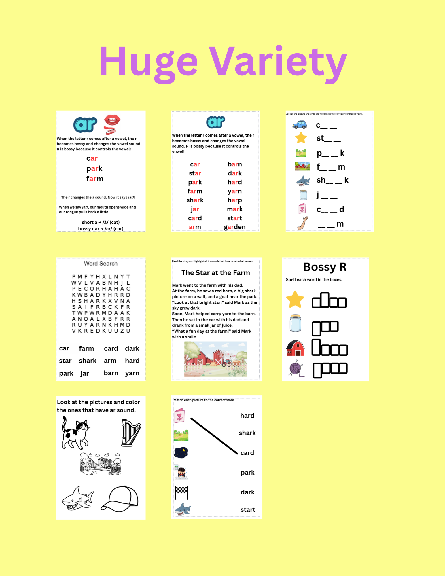 Bossy R Controlled Vowels Bundle AR, ER, IR, OR, UR Phonics Activities
